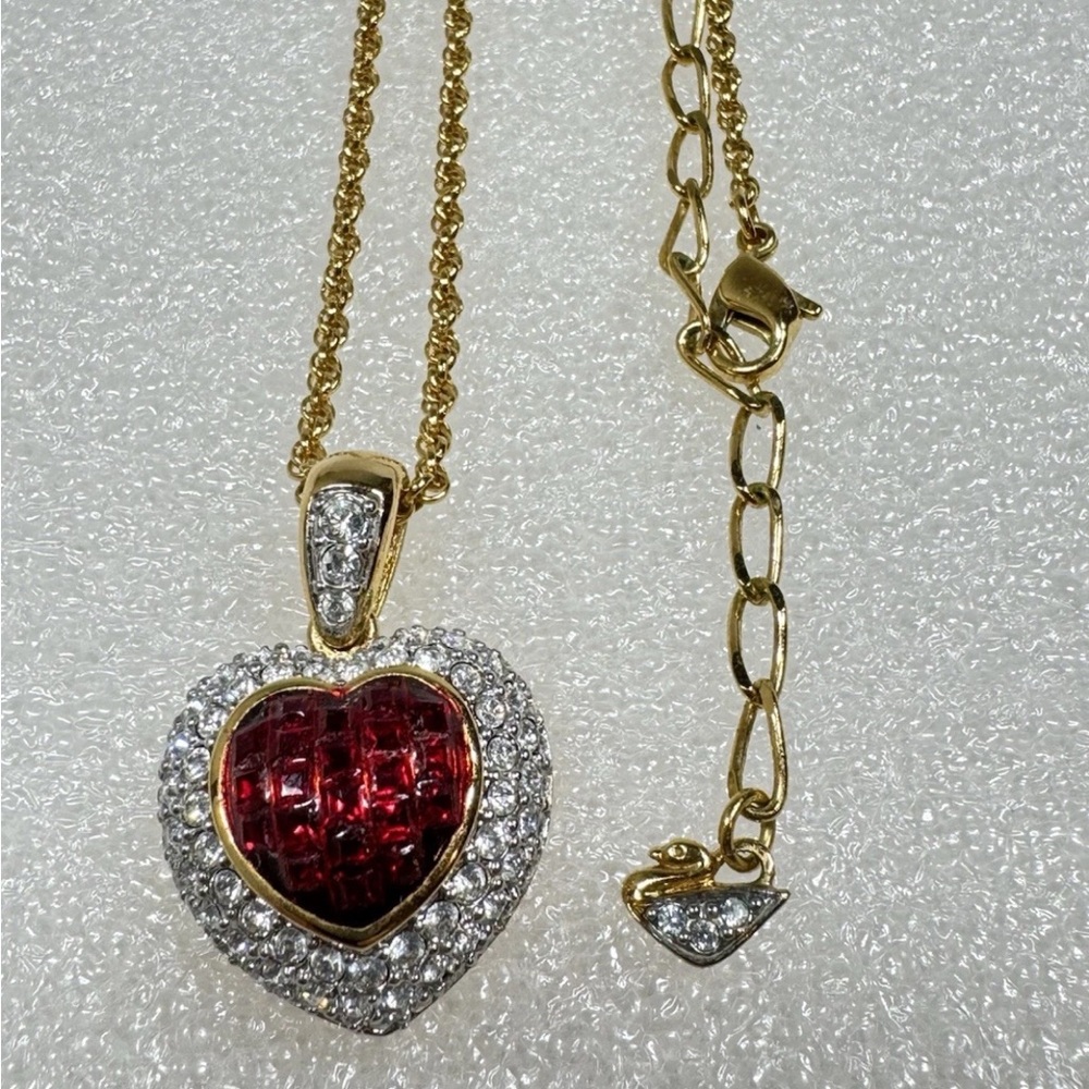Swarovski Gold Heart Pendant Necklace with Red Crystal Center